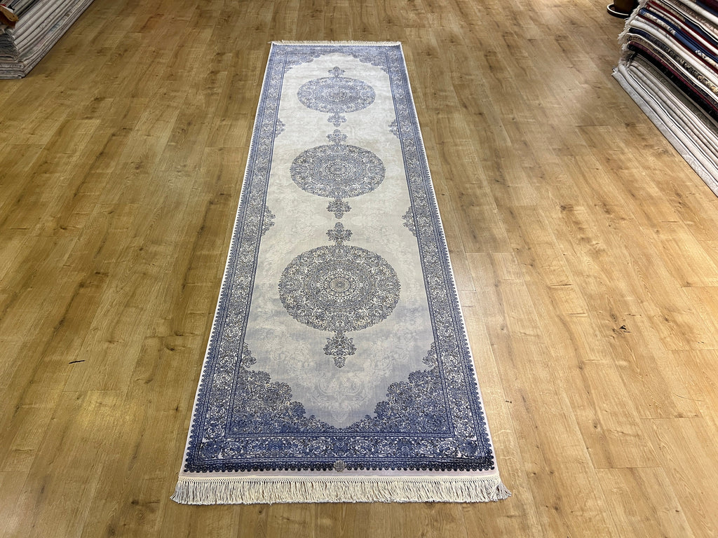 Gray Blue Medallion Silk Runner Rug, 3x10 ft, Classic Luxury Hallway Rug