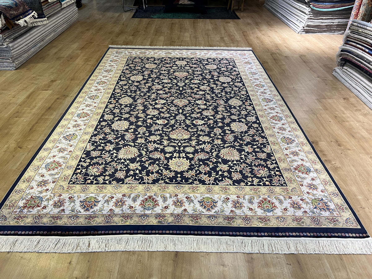 7x10 ft Navy Blue Silk Rug, Traditional Floral Carpet