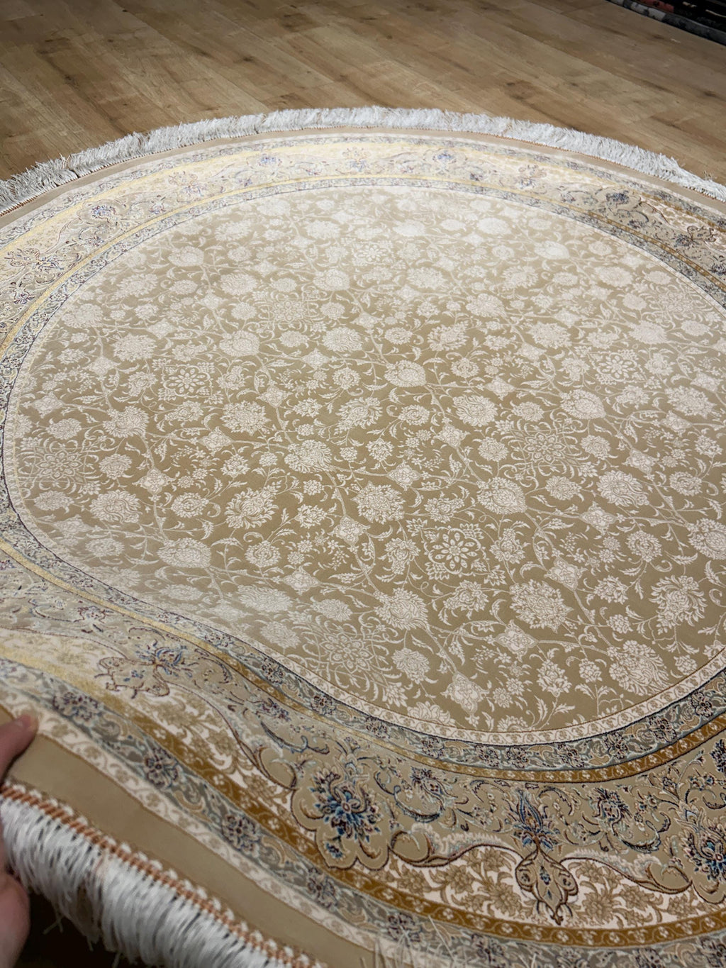 5x5 ft Beige Round Silk Rug, Classic Turkish Style Carpet, Floral Design