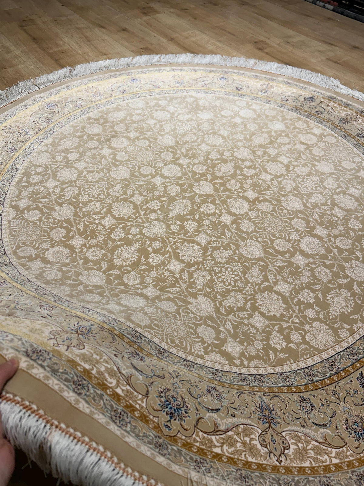 5x5 ft Beige Round Silk Rug, Classic Turkish Style Carpet, Floral Design