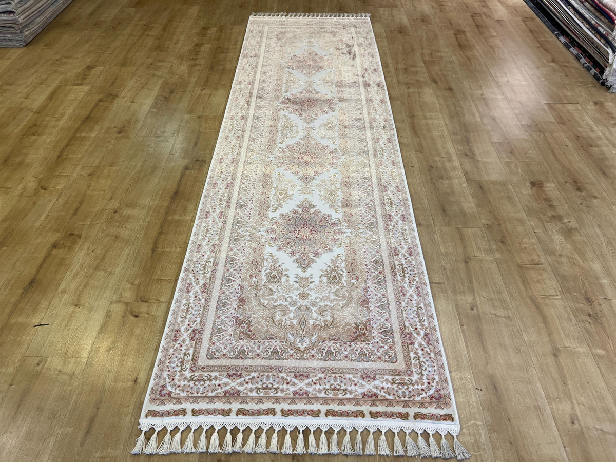 Cream Gold Medallion Silk Runner Rug, 3x10 ft, Classic Luxury Hallway Rug