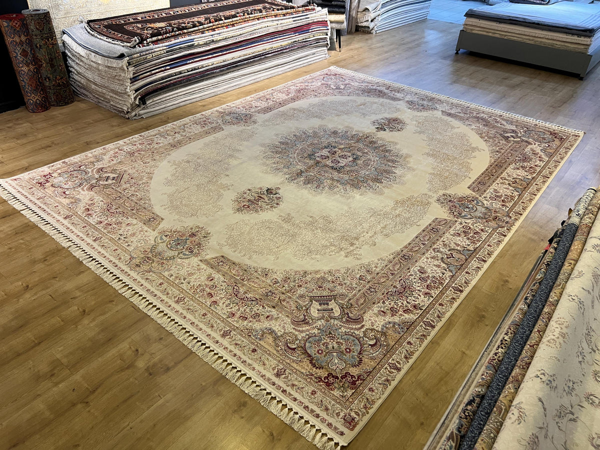 Ivory Bamboo Silk Rug 10x13 ft, Elegant Large Area Rug with Classic Medallion Pattern