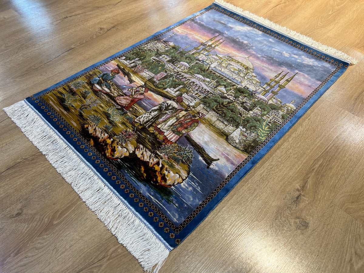 Old Istanbul Landscape Silk Rug, Decorative Table Mat, Tapestry