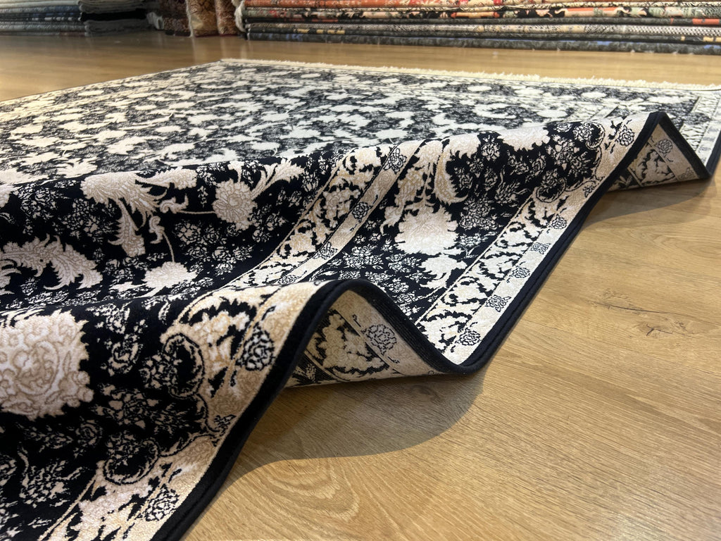Black Classic Silk Rug with Gold Floral Motifs, Luxury Silk Carpet