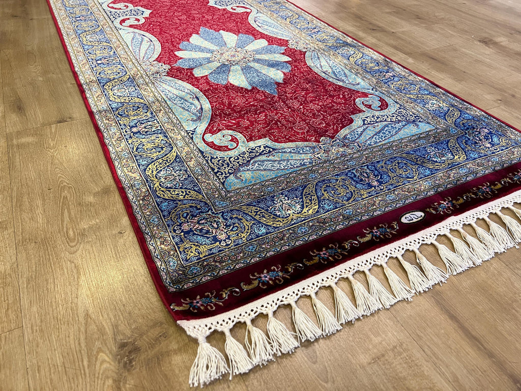 3x10 ft Red Silk Runner Rug, Blue Medallion, Classic Luxury Hallway Rug