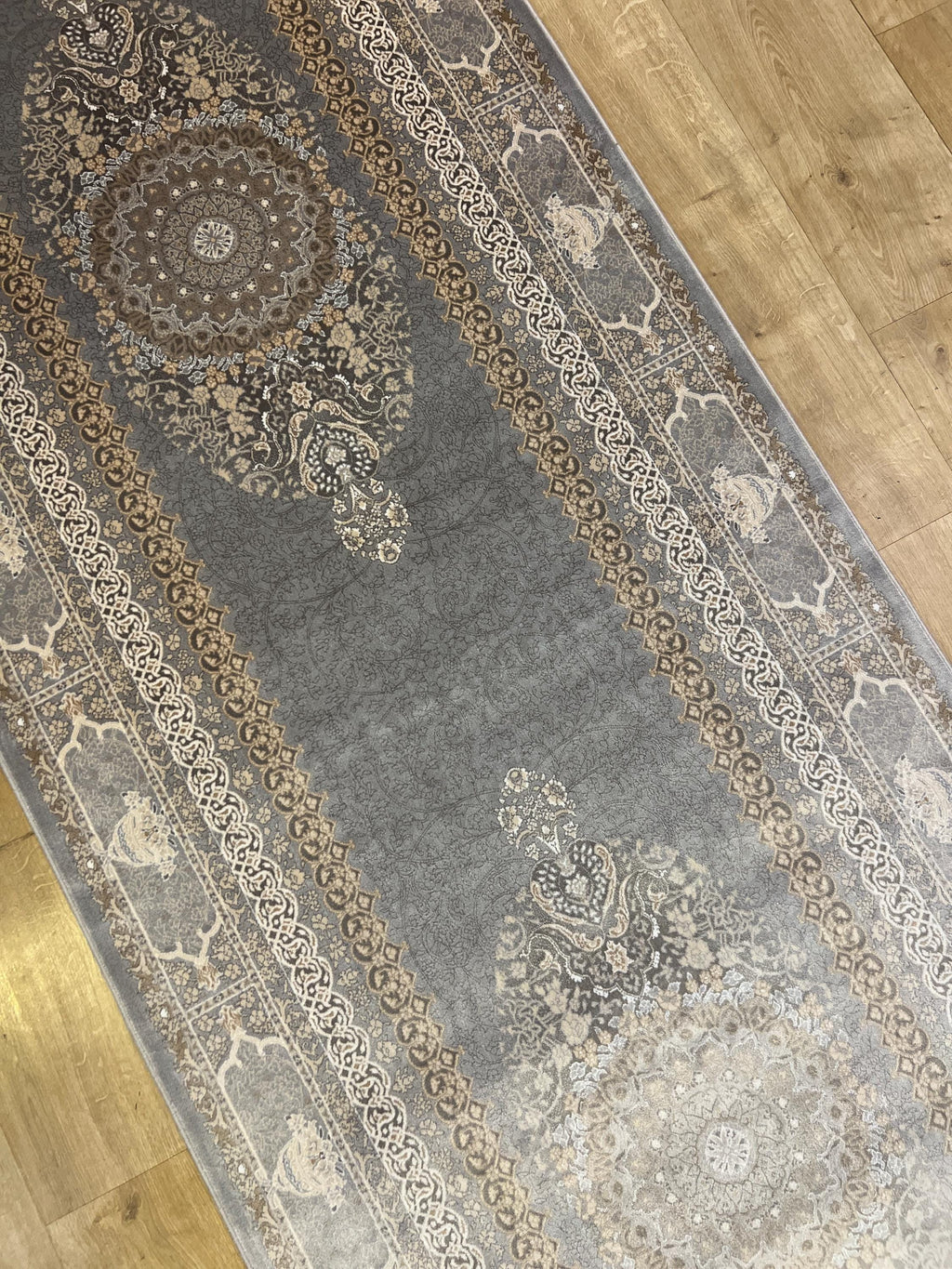 Gray Medallion Turkish Silk Runner Rug, Classic Luxury Hallway Rug