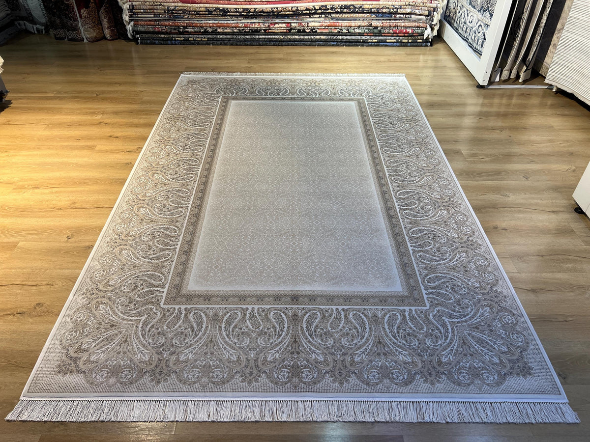 Cream Silk Rug, Grey Beige Framed Elegant Style, Luxury Home Decor