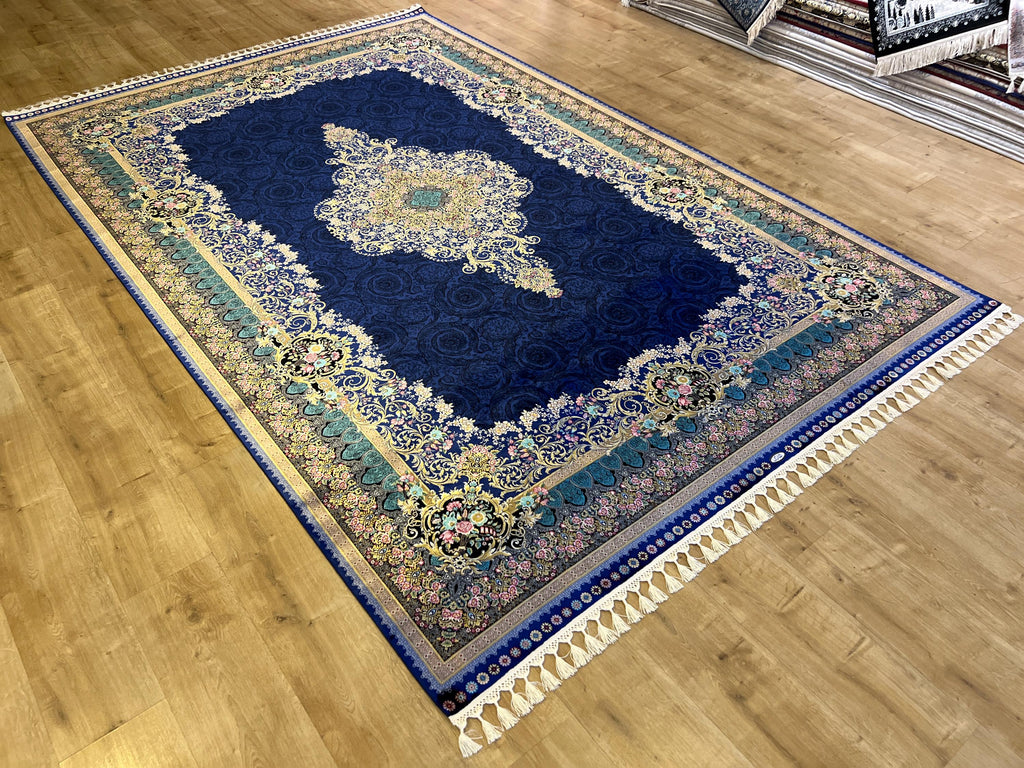 8x11 ft Navy Blue Silk Rug with Gold Floral Patterns, Classic Medallion Area Rug