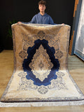 5x8 ft Dark Blue Silk Rug, Gold Medallion Design, Luxury Turkish Home Decor