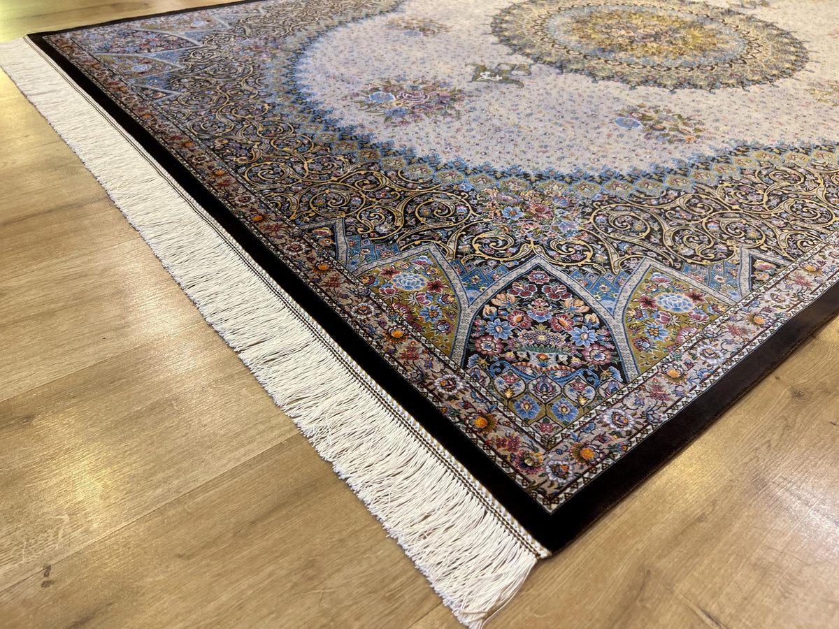 5x8 ft Brown Blue Silk Rug, Classic Medallion Design, Turkish Style Home Decor