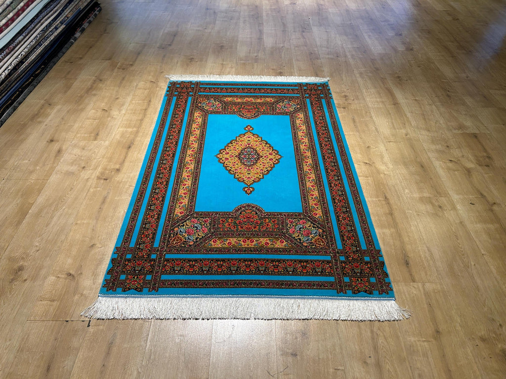 Blue Silk Rug, Floral Medallion and Border Design Classic Luxury Silk Carpet