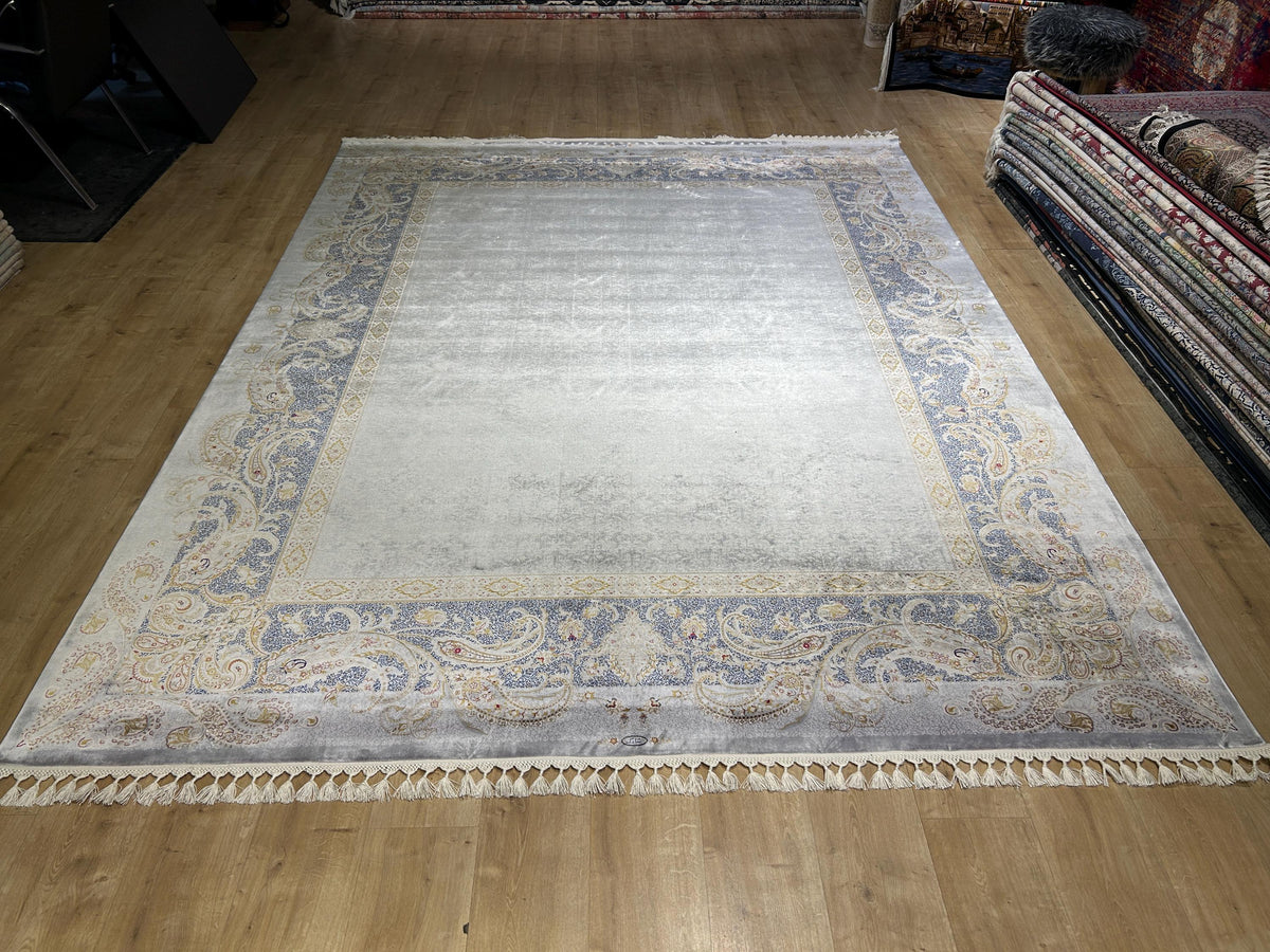 8x10 ft Gray Silk Rug,  Gray  Gold Border Design Turkish Carpet, Luxury Home Decor