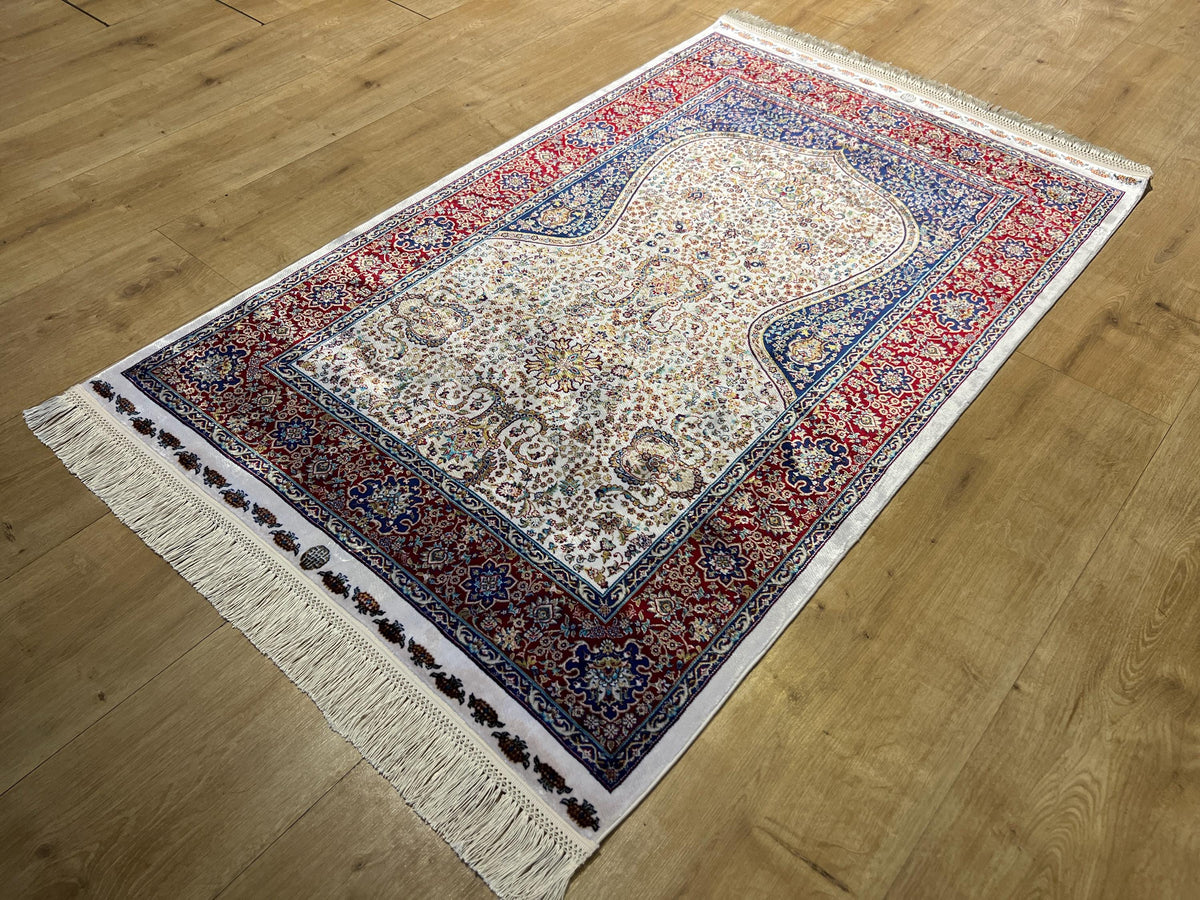 Silk Prayer Rug, Red Blue Muslim Gift Mat, Janamaz Rug 2.62x4.10 ft