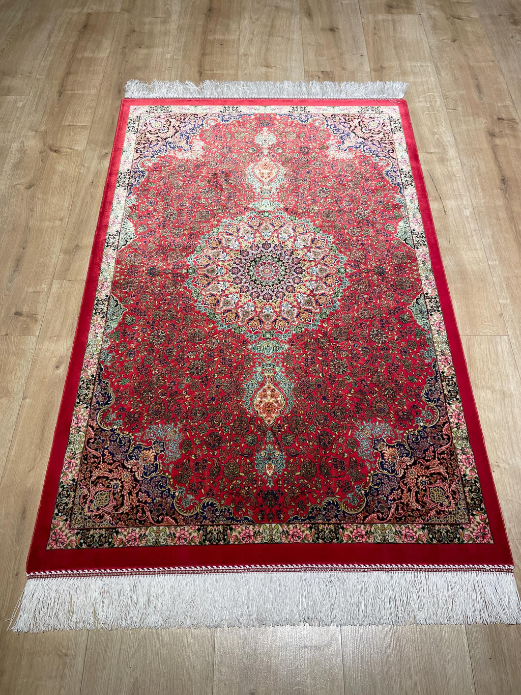 Red Small Silk Rug, Medallion Design Small Gift Carpet, Luxury Home Decor