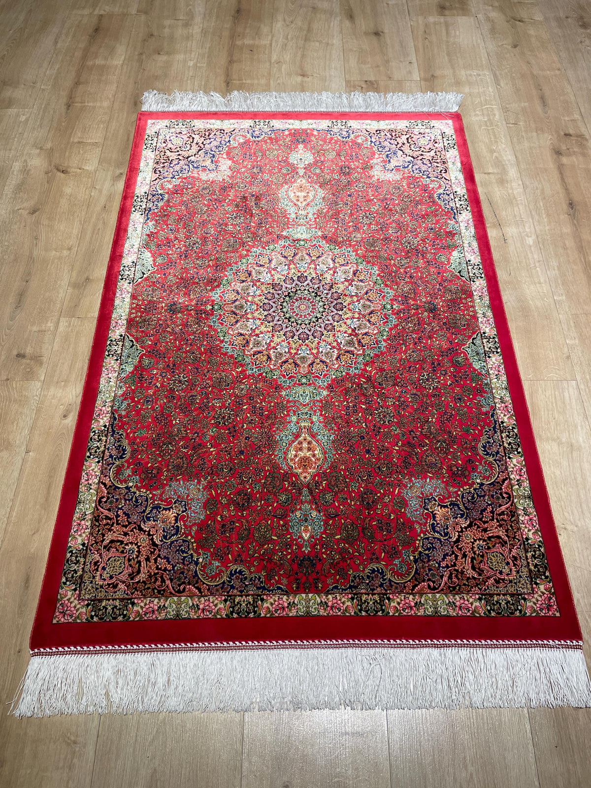 Red Small Silk Rug, Medallion Design Small Gift Carpet, Luxury Home Decor