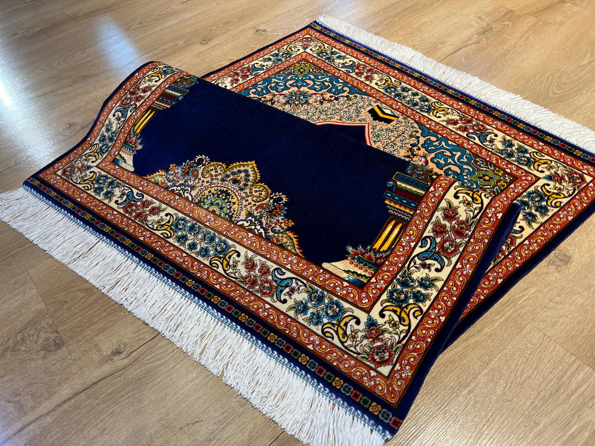 Blue Luxury Silk Prayer Rug, Gift Mat, Janamaz Mat
