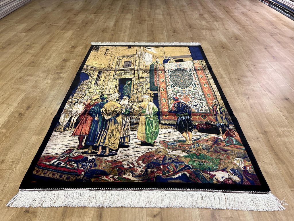 3x5 Ft Tapestry Silk Rug With Historic Bazaar Illustration, Wall Decor