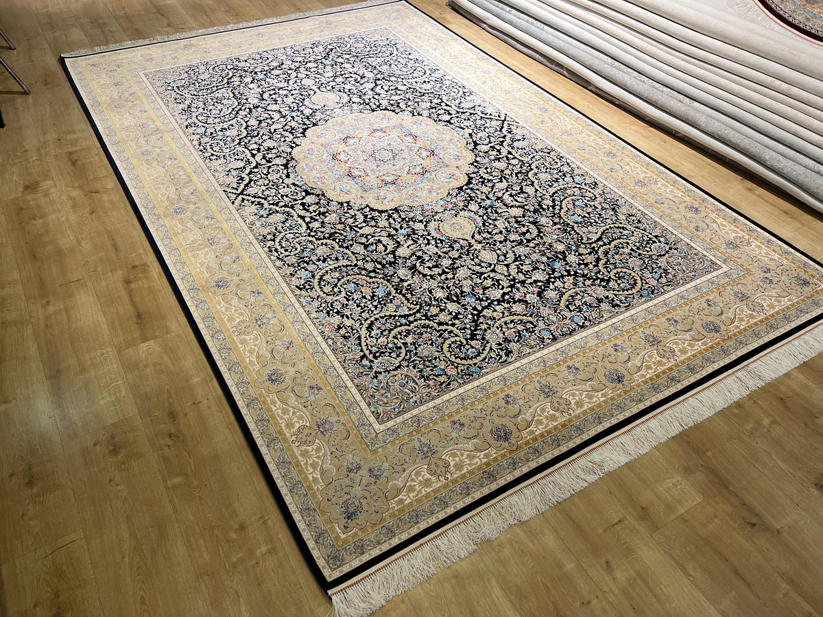 7x10ft Dark Blue Floral Silk Rug, Classic Medallion Oriental Area Rug, Living Room Carpet