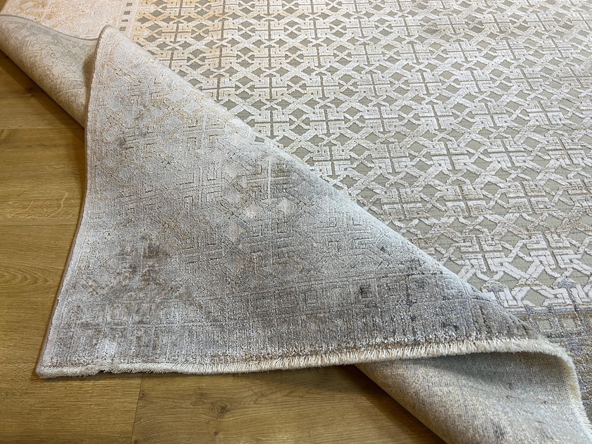 7x10 ft Gray Gold Geometric Bamboo Rug with Ethnic Modern Patterns