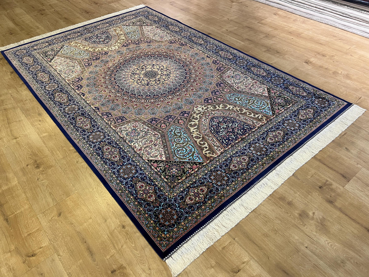 5x8 ft Silk Rug, Navy Blue Gold Medallion, Classic Turkish Style, Luxury Carpet