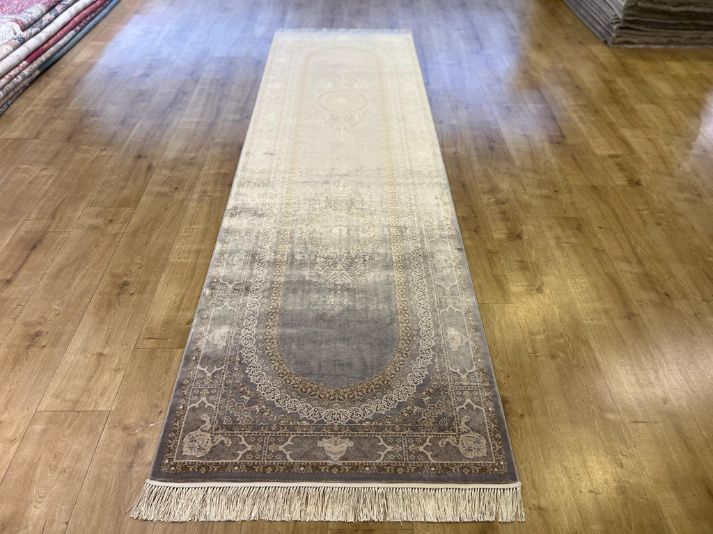 Gray Medallion Turkish Silk Runner Rug, Classic Luxury Hallway Rug