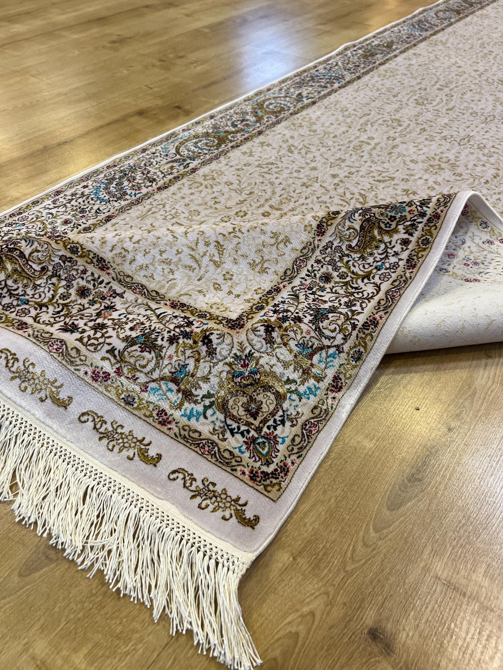 Cream Gold Silk Turkish Rug, 3x10 ft, Luxury Hallway Rug