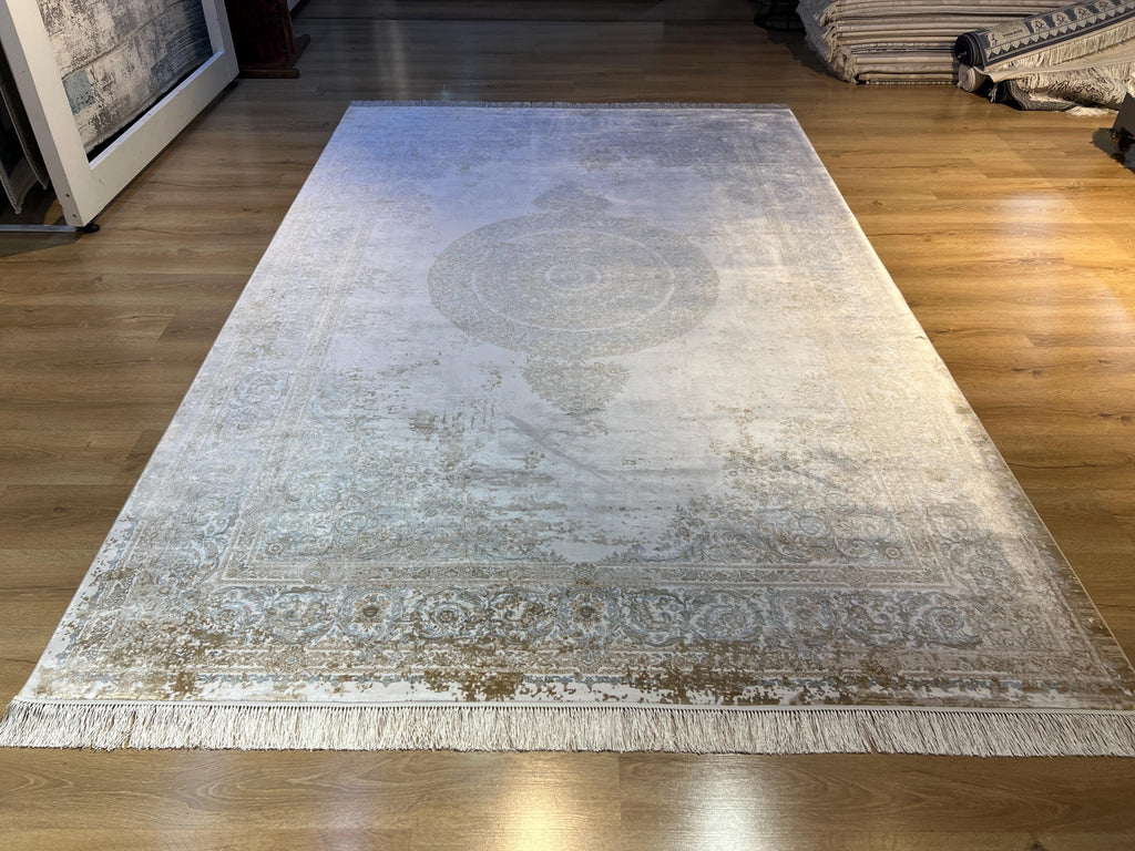 Cream Silk Rug with Beige Medallion and Border, Antique Style