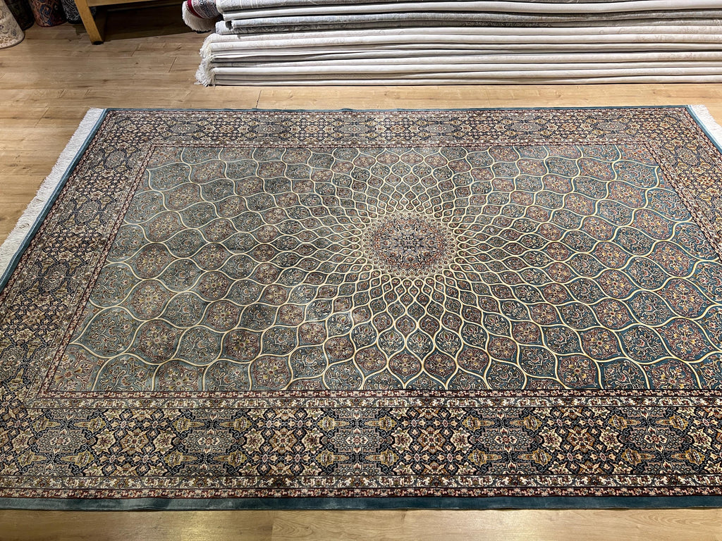 7x10 Ft Blue Silk Rug, Classic Medallion Design, Traditional Pattern
