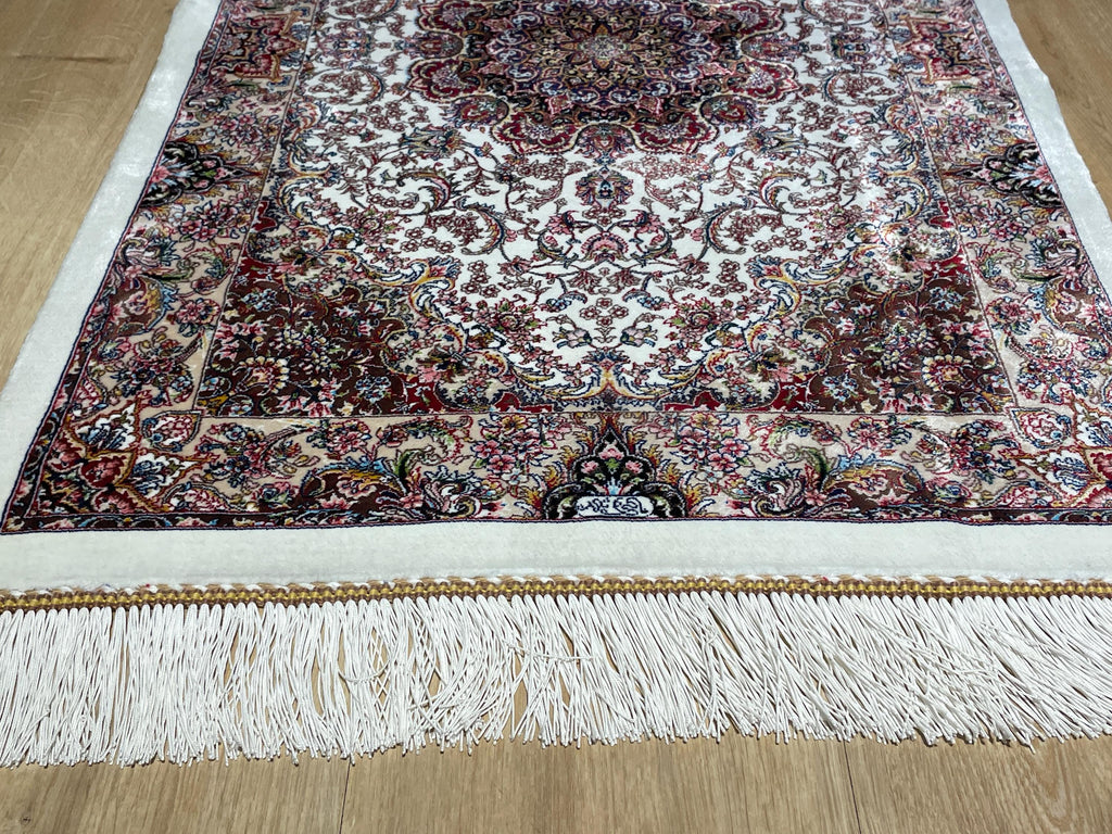 Cream Small Silk Rug, Ornate Medallion Silk Carpet, Luxury Home Decor