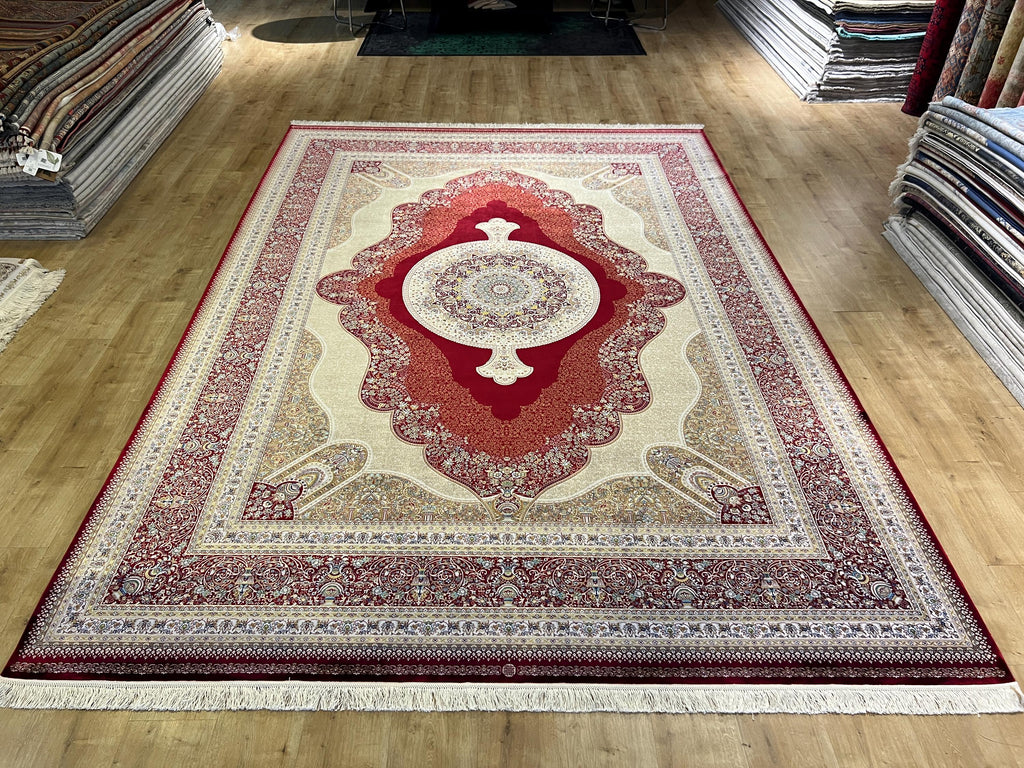 Red Modal Silk Turkish Rug, Palace Design 8x11 ft