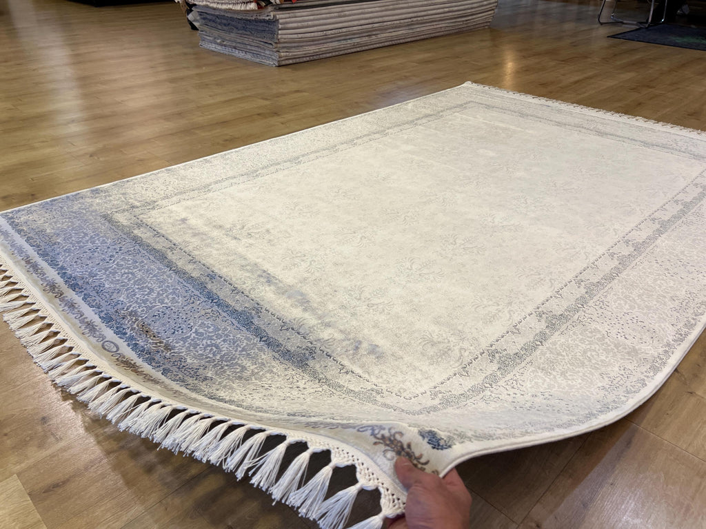 Gray Beige Silk Rug, Floral Design Bordered Silk Carpet, Turkish Home Decor
