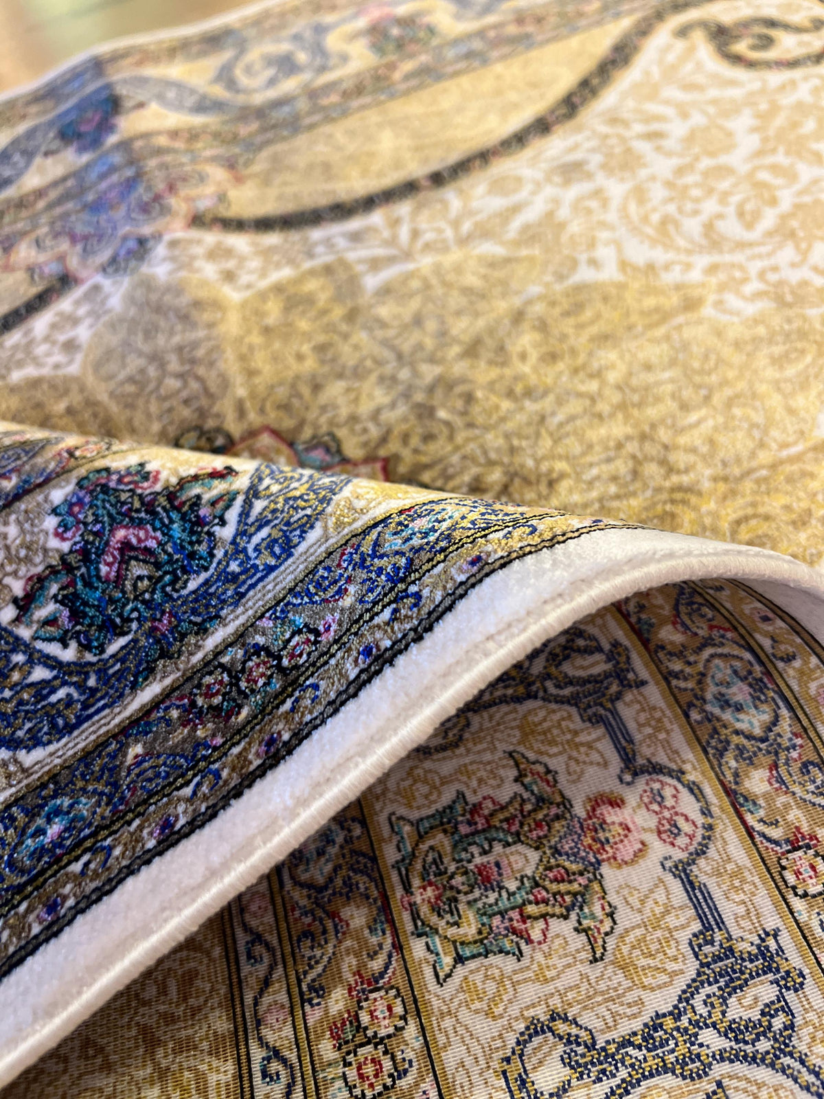 Ivory Silk Rug with Gold Medallion Pattern, Small Silk Carpet