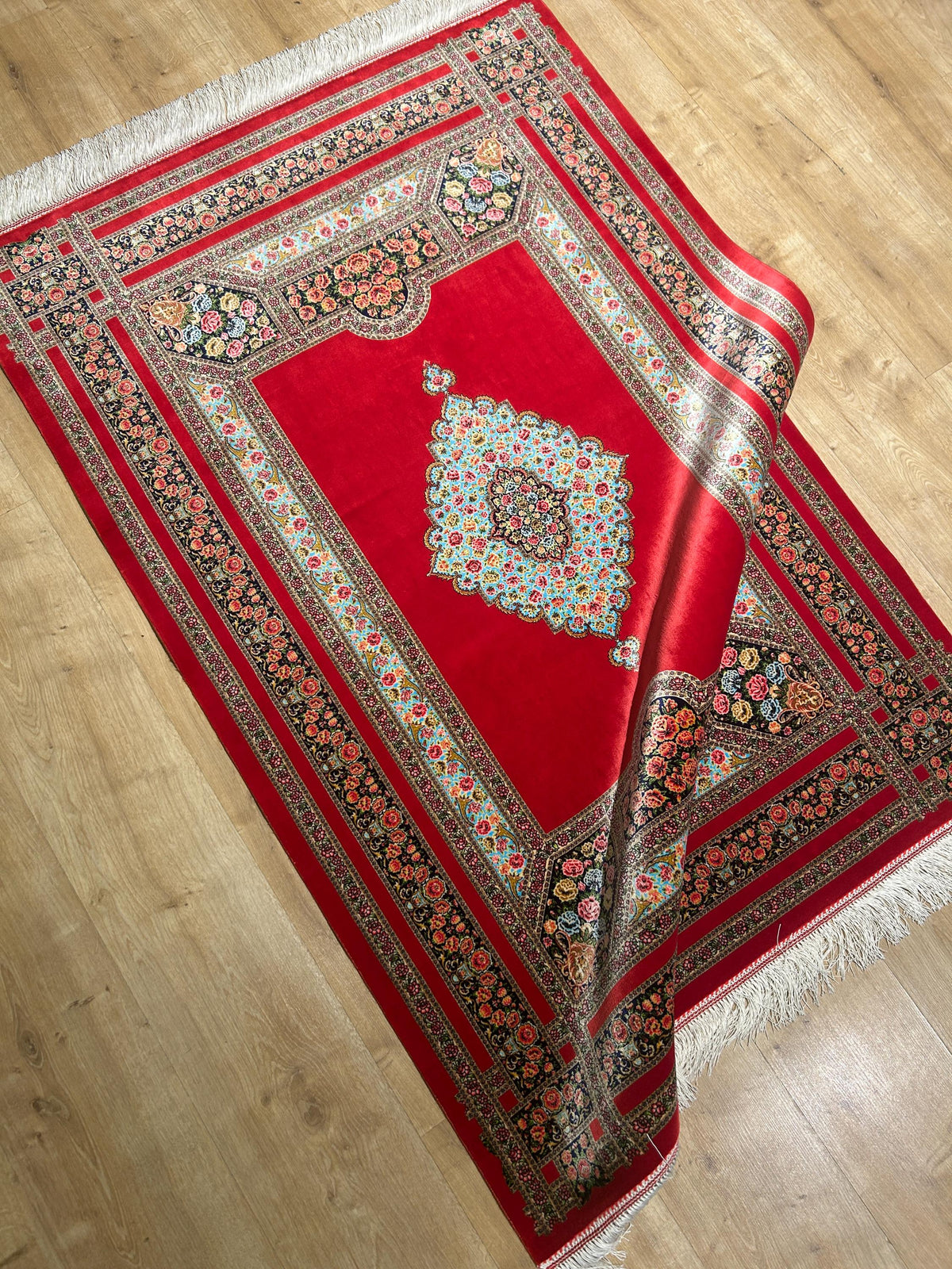 Red Silk Rug, Floral Medallion and Border Design Classic Luxury Silk Carpet