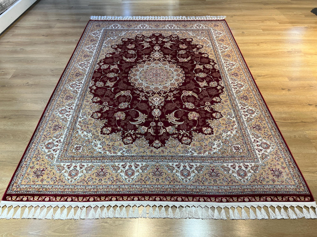 5x8 ft Classic Silk Carpet, Red Base Gold Medallion, Turkish Style