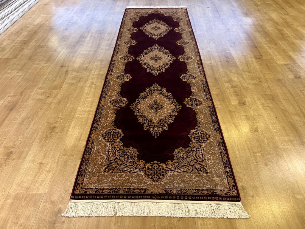 Red Gold Medallion Silk Rug, Turkish Carpet, 3x10 ft