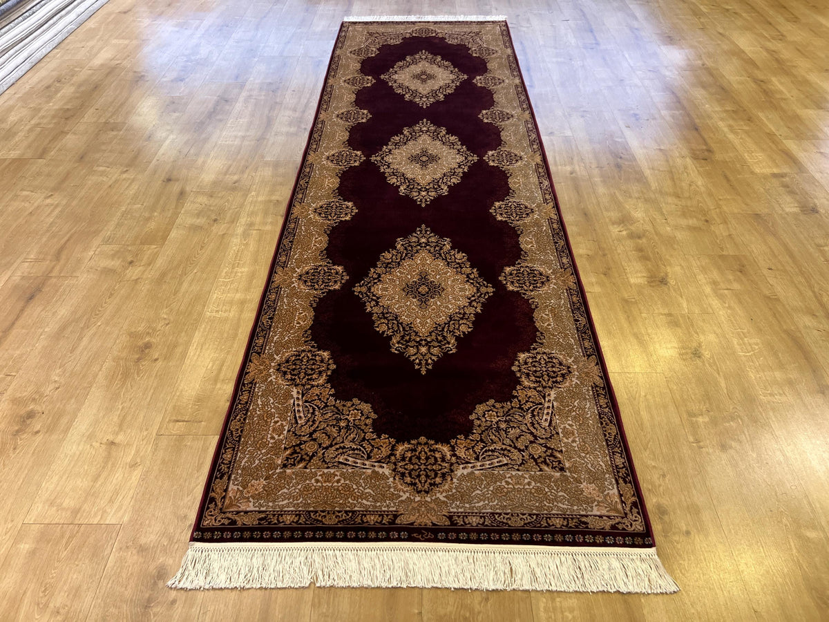 Red Gold Medallion Silk Rug, Turkish Carpet, 3x10 ft