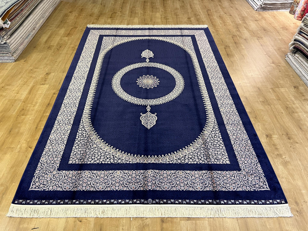7x10 ft Navy Silk Rug with Grey Medallion and Border, Classic Luxury Home Decor