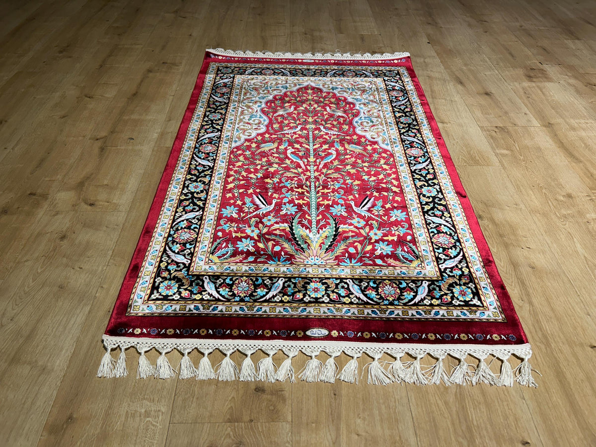 2.62x4.10 ft Red Silk Prayer Rug With Black Border, Floral and Bird Design Mat