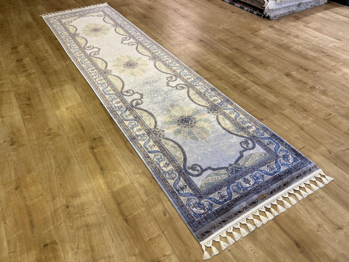Gray Gold Medallion Silk Runner Rug, 3x10 ft, Classic Luxury Hallway Rug