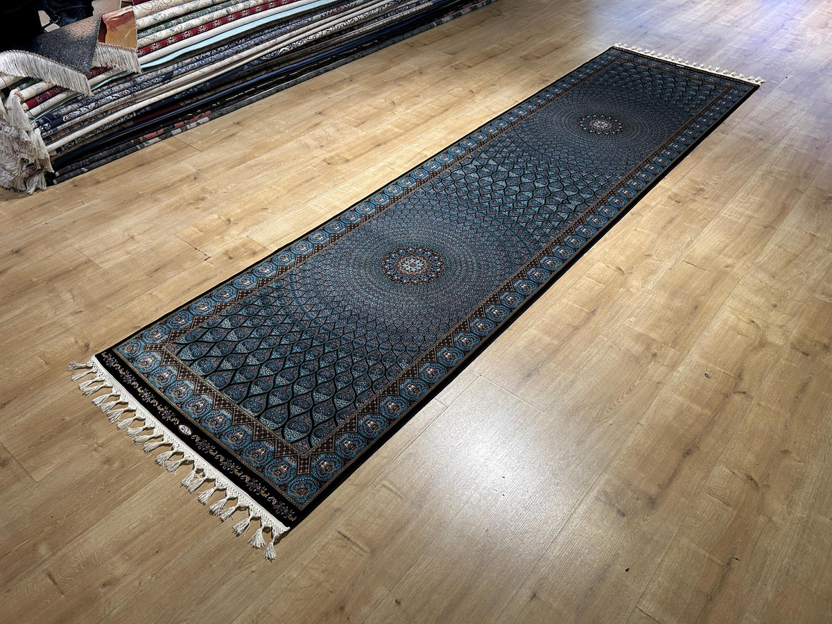 Blue Black Silk Runner Rug, Medallion Peacock Tail Design Rug, Traditional Carpet