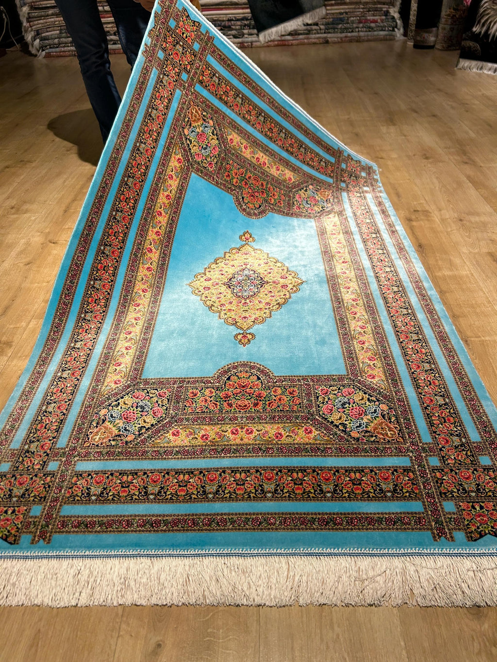 Blue Silk Rug, Floral Medallion and Border Design Classic Luxury Silk Carpet