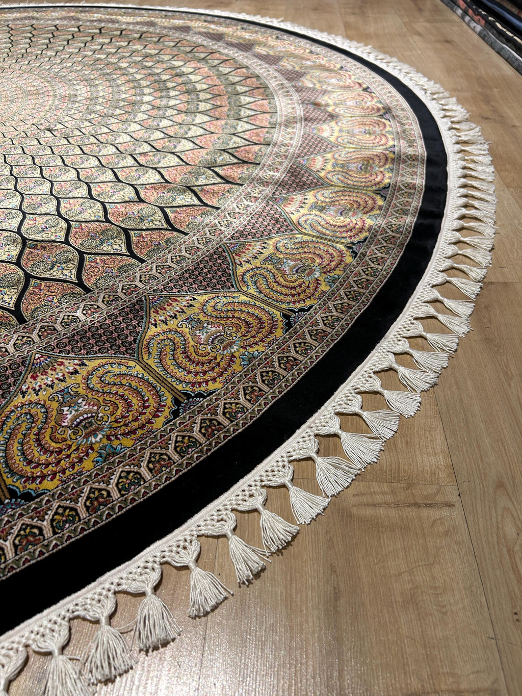 Black Gold Round Silk Rug, Classic Turkish Style Carpet, Medallion Design