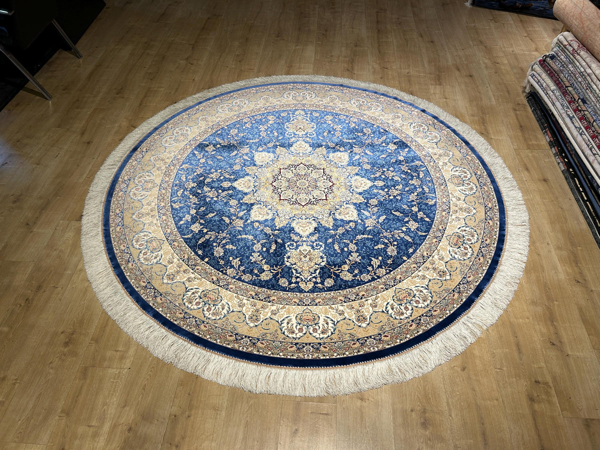 7x7 Ft Round Blue Beige Silk Rug, Classic Medallion Design Carpet