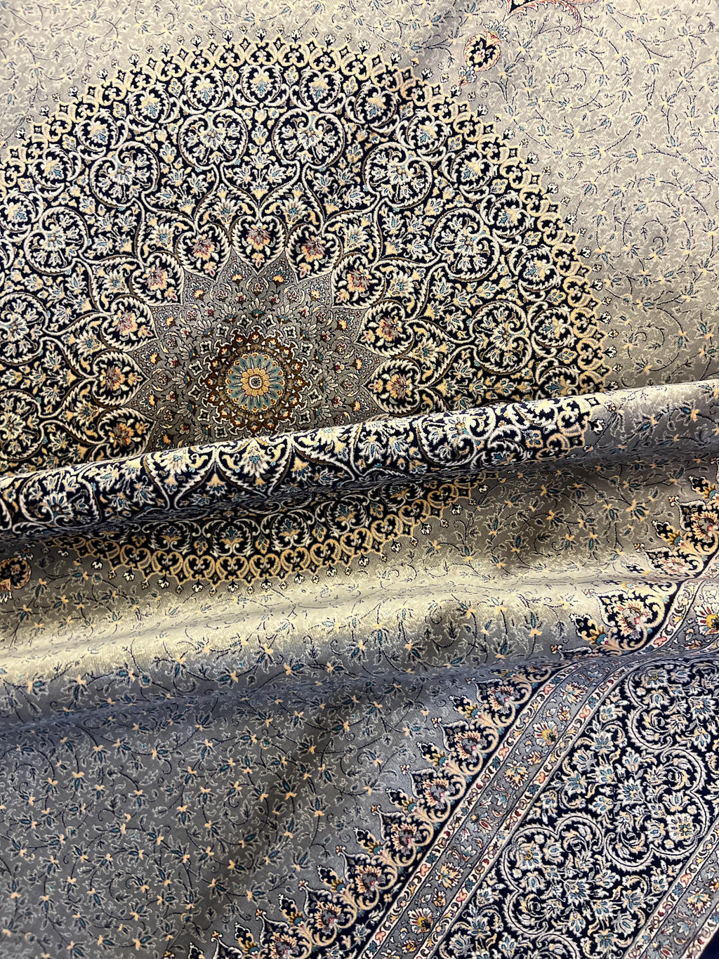 Gray Blue Turkish Silk Rug 7x10 ft, Oushak Style