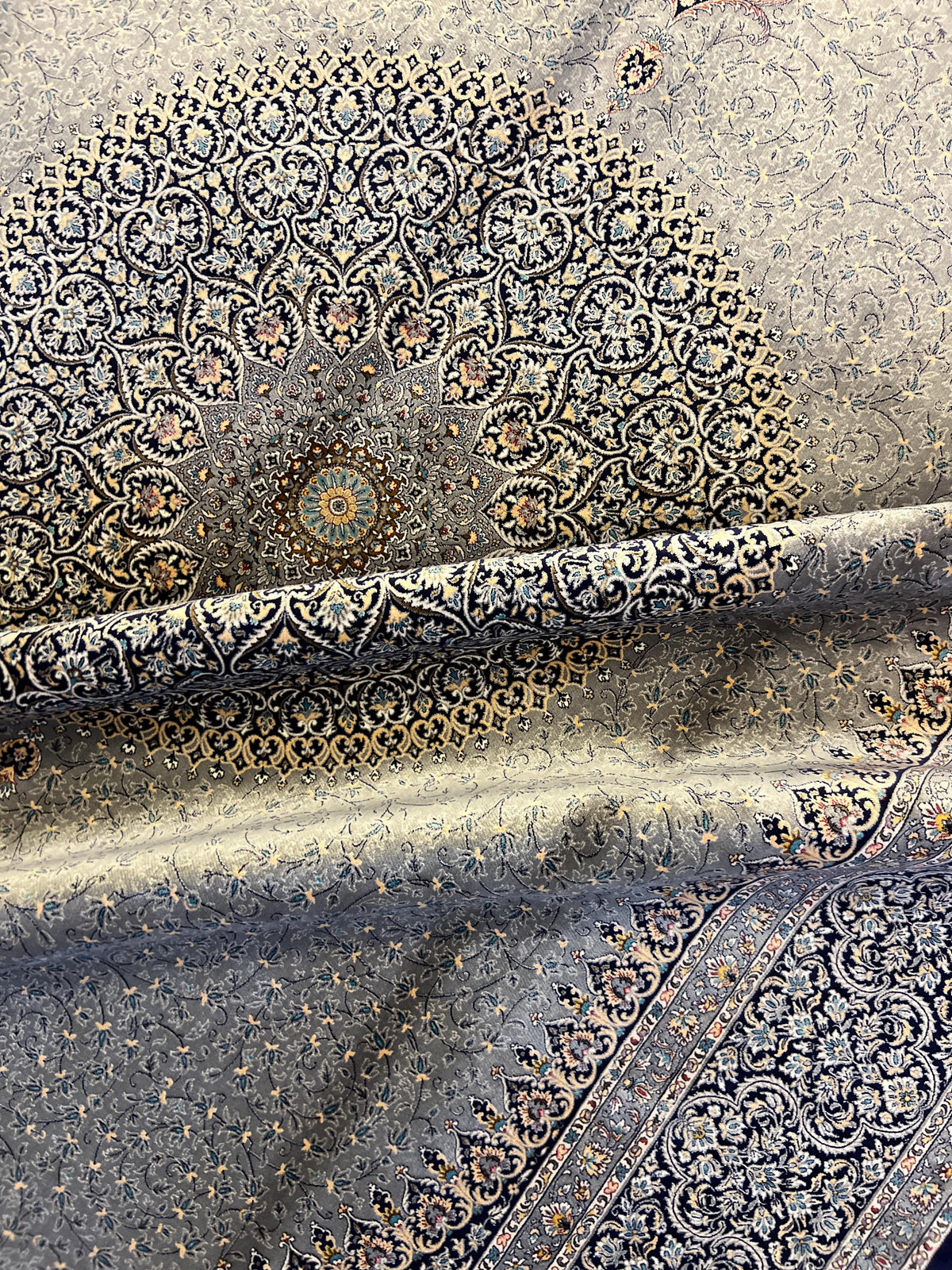Gray Blue Turkish Silk Rug 7x10 ft, Oushak Style