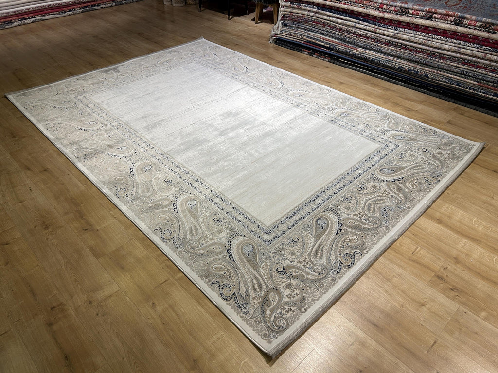Cream Background Bamboo Rug with Beige Gray Navy Blue Border Design, Classic Home Decor