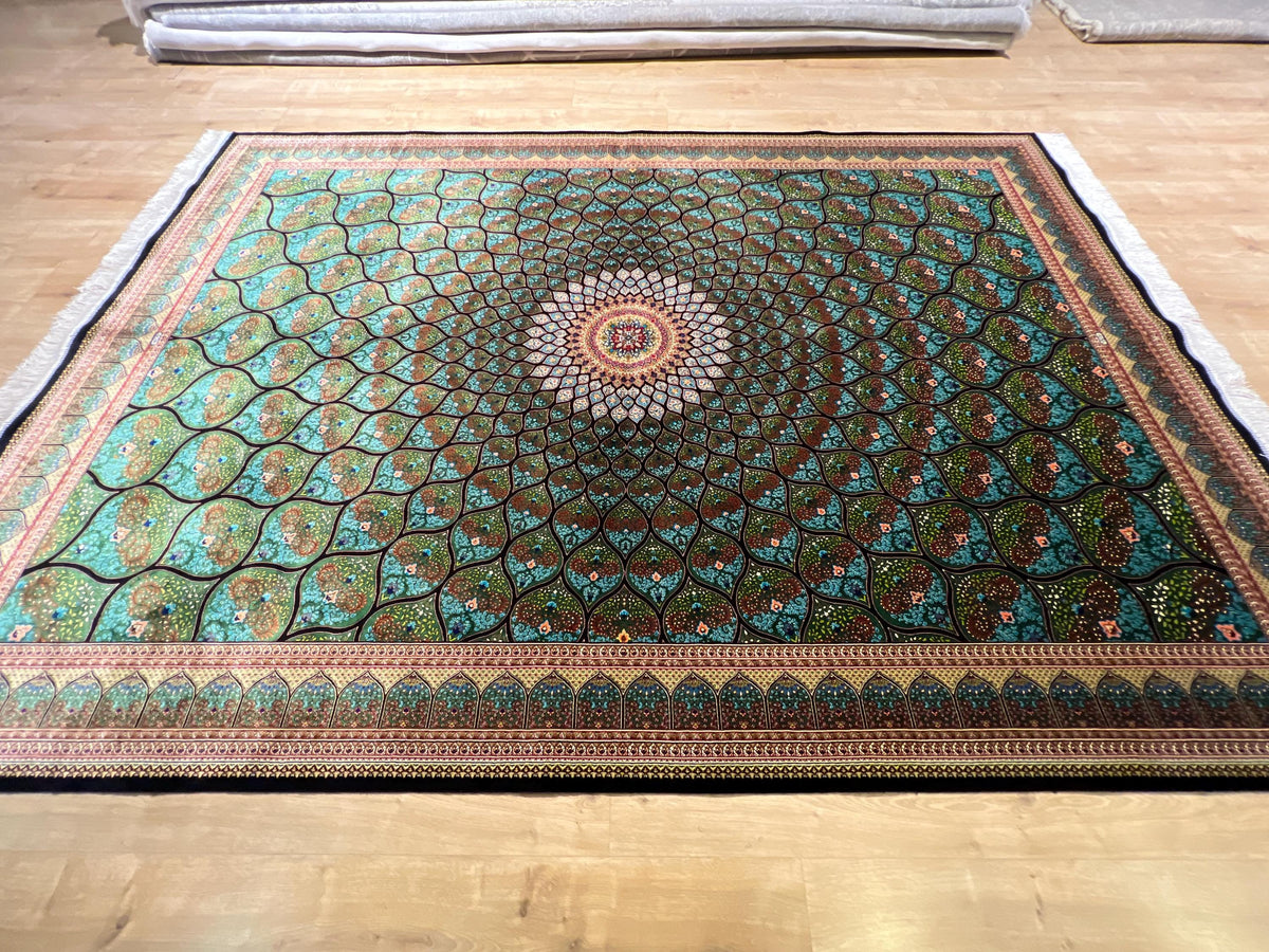 5x8 ft Luxury Green Silk Rug With Floral Border and Medallion