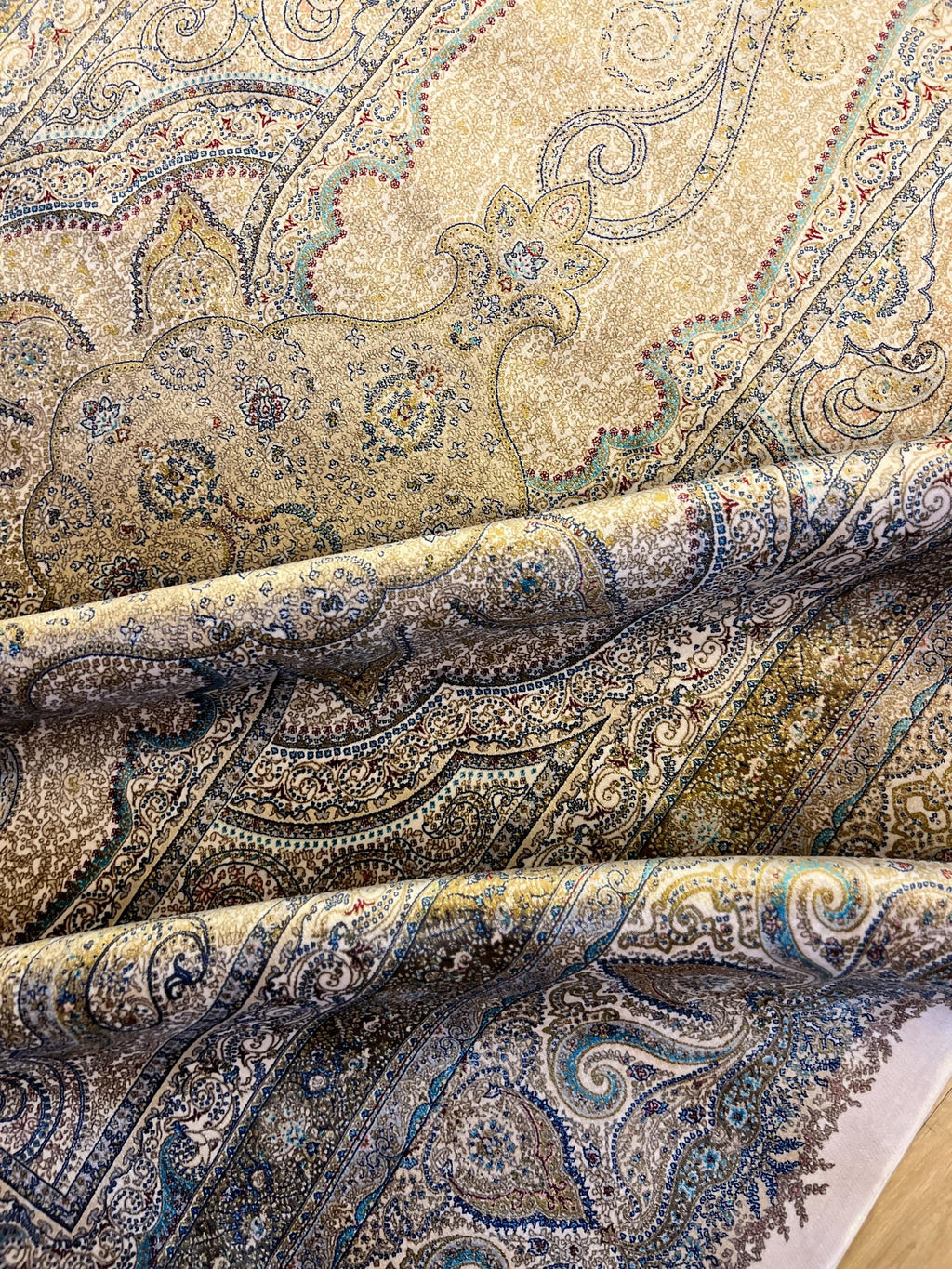 Blue Gold Silk Rug, Medallion Design Classic Silk Carpet