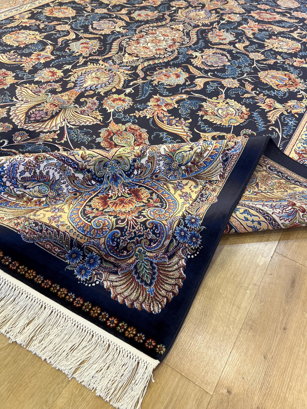 Dark Blue Silk Rug 6.5x9.8 ft, Traditional Turkish Carpet