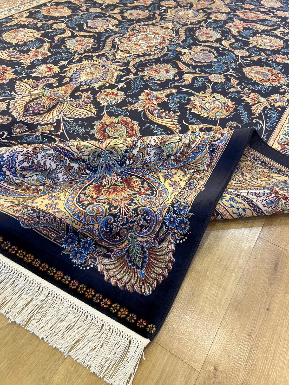 Dark Blue Silk Rug 6.5x9.8 ft, Traditional Turkish Carpet